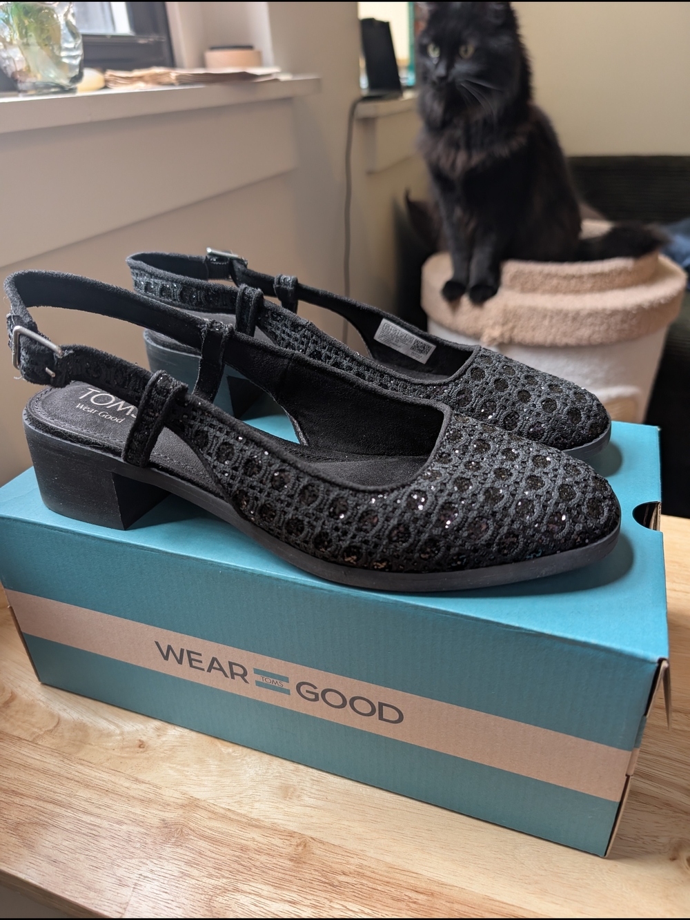Toms Black Crochet & Sequin Slingback Low Heel